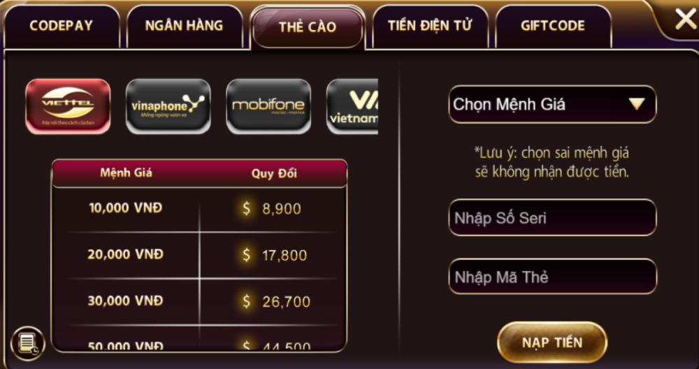 Nạp tiền Sunwin 3 Thẻ cào điện thoại giúp người chơi không bị lộ danh tính khi nạp